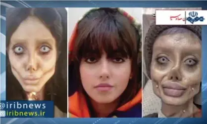  ??  ?? Sahar Tabar (centre) and digitally distorted on Instagram. Photograph: IRIB TV/AFP/Getty