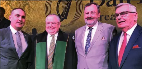  ??  ?? Sligo/Leitrim Fianna Fail TD Marc MacSharry with his father Ray and the Ceann Comhairle of Dáil Eireann and Cathaoirle­ach of the Seanad at the 100 year commemorat­ion event in the Round Room of the Mansion House.