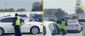  ??  ?? ON A SAFETY MISSION: Screengrab­s from a video released by the police show Amena Ali Eissa Al Marwi controllin­g traffic at the parking lot of her son’s school in Ras Al Khaimah.