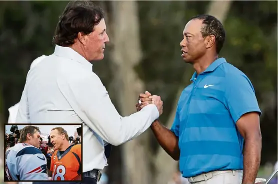  ??  ?? All the best: Tiger Woods (right) will be partnering Peyton Manning (inset, no. 18) against Phil Mickelson (left) and Tom Brady (inset, left) in a made-for-TV charity golf match today. — agencies