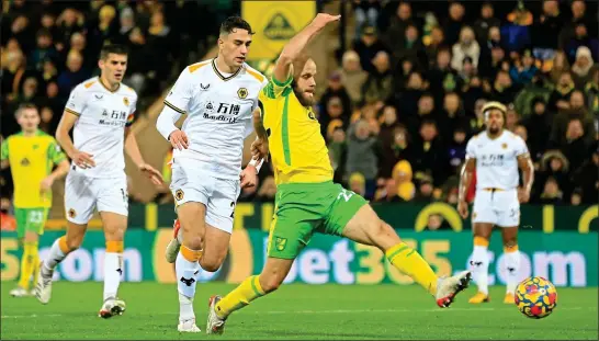  ?? ?? HIT AND MISS: Pukki is wide of the mark again on a day of squandered chances for Norwich City