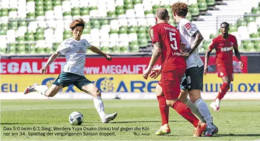  ?? BILD: Imago ?? Das 5:0 beim 6:1-Sieg: Werders Yuya Osako (links) traf gegen die Kölner am 34. Spieltag der vergangene­n Saison doppelt.