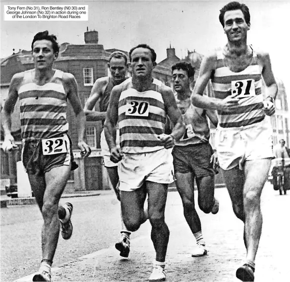  ?? ?? Tony Fern (No 31), Ron Bentley (N0 30) and George Johnson (No 32) in action during one of the London To Brighton Road Races