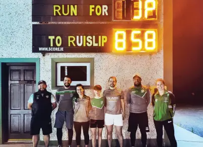  ??  ?? Curry GAA Club Chairman Barry Gallagher, David McDonagh, Aoife Duffy, Éanna Duffy, Patrick Duffy, James McDonagh and Michelle Brett after the club’s Run to Ruislip in memory of JP Duffy fundraiser on Saturday, which raised over €40,000.