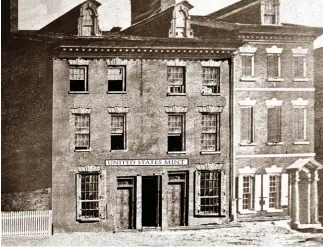  ?? ?? The Seventh Street facade of the Philadelph­ia Mint, as it appeared in the 1820s. The view is adapted from an 1854 photograph.