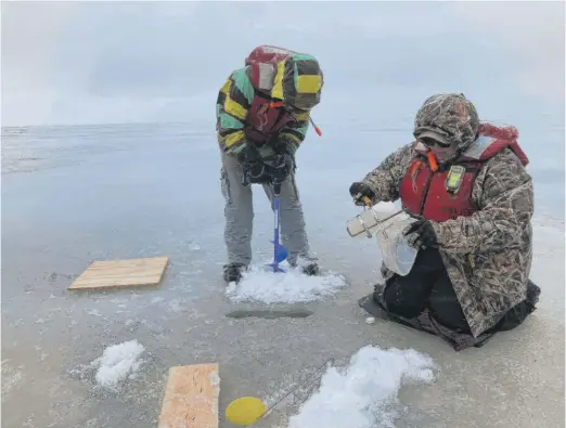  ?? MIKE HOUSEHOLDE­R/AP ?? Matt Sand (left), wetland field crew leader for the Great Lakes Restoratio­n Initiative, and Bridget Wheelock, wetland ecology lab manager in Central Michigan University’s biology department, conduct a field study on the frozen surface of Lake Huron's Saginaw Bay on Tuesday in Standish, Mich.