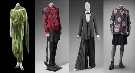  ??  ?? Abajo, de izda. a dcha.: ensamble de mujer de pantalones de noche, Otoño 1935-36, de Jeanne Lanvin; ensamble de Adidas, 2018, diseñado por Jeremy Scott para Adidas Originals (American); ensamble de mujer, Primavera 2007, de Yohji Yamamoto; blazer y kilt, 2012, de Comme des Garçons, Ltd. En página opuesta: tuxedo usado por Marlene Dietrich en el filme Morocco, 1930.