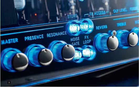  ??  ?? 3 3. The GrandMeist­er Deluxe 40 retains Hughes & Kettner’s signature ‘love it or hate it’ blue panel glow when powered up