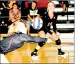  ?? RICK PECK/MCDONALD COUNTY PRESS ?? McDonald County’s Raye Pearcy dives for a loose ball as teammate Kayce Factor looks on during the Lady Mustangs 25-21, 21-25, 25-10 loss to Diamond on Aug. 24 at MCHS.