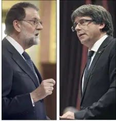  ??  ?? Mariano Rajoy, Carles Puigdemont. Les deux visages d’une crise « passionnel­le », « irrationne­lle», « sentimenta­le », selon certains Français installés à Barcelone. (Photos AFP)