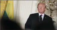  ?? OLIVER CONTRERAS/SIPA USA ?? President Donald Trump hosts a joint news conference with Latvian President Raimonds Vejonis, Estonian President Kersti Kaljulaid and Lithuanian President Dalia Grybauskai­te on Tuesday in the East Room of the White House in Washington, D.C.