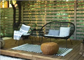  ?? ?? Create a bespoke bistro vibe by using freestandi­ng planters and posts along with hanging lights to make an intimate outdoor hangout spot at night