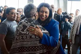  ?? ?? Mayor London Breed, right, embraces supporter Feysan Lodde after delivering her annual State of the City address.