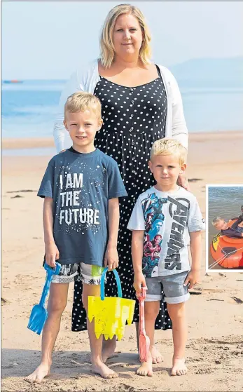  ??  ?? Laura Gallagher with sons Nathan, left, and Jamie at Thorntonlo­ch beach, Dunbar, and Nathan with friend Findlay, inset, playing in the dinghy before the scare