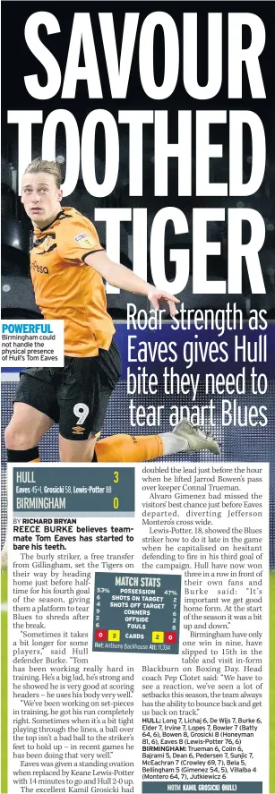  ??  ?? POWERFUL Birmingham could not handle the physical presence of Hull’s Tom Eaves