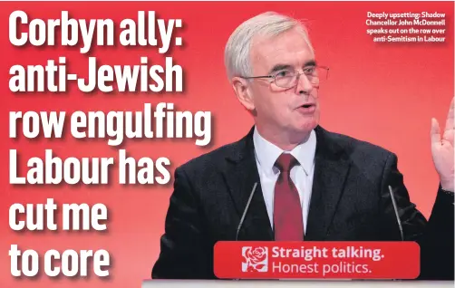  ??  ?? Deeply upsetting: Shadow Chancellor John McDonnell speaks out on the row overanti-Semitism in Labour