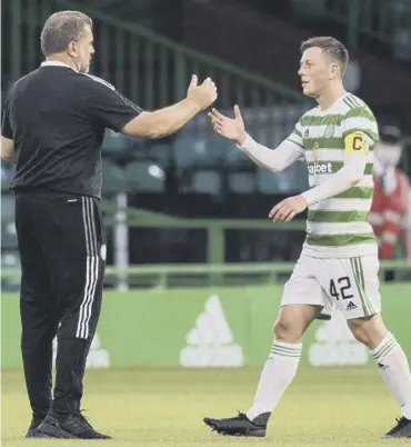  ?? ?? ↑ Celtic captain Callum Mcgregor, right, says Ange Postecoglo­u made an instant impression