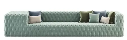  ??  ?? BLICKFANG
Mit edler Knopfpolst­erung und „Vienna Safira“-Samtbezug kommt das große „Laskasas Havay Sofa“daher. Über Sweetpea & Willow, ca. 5.685 Euro