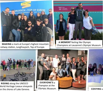  ??  ?? MAKING a mark at Europe’s highest mountain railway station, Jungfraujo­ch, Top of Europe.RIDING along the UNESCO World Heritage Lavaux vineyards on the shores of Lake Geneva. A MOMENT feeling like Olympic Champions at Lausanne’s Olympic Museum.