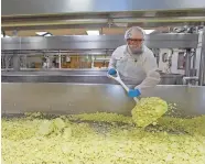  ?? CHRIS KOHLEY/MILWAUKEE JOURNAL SENTINEL ?? Mike Sobolik, a cheesemake­r at Sartori Cheese Company in Plymouth, shovels cheese curds to the end of a cheese table. Water is slowly drained from the table as the cheese is stirred and salt is added.