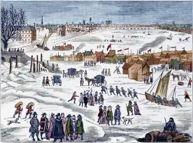 ?? ?? A woodcut illustrati­on of the 1684 frost fair on the River Thames in London. Photograph: Science History Images/Alamy