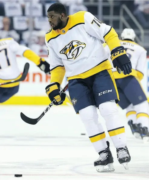  ?? JASON HALSTEAD / GETTY IMAGES ?? P.K. Subban of the Predators warms up prior to Thursday night’s Game 4 against the Jets in Winnipeg.