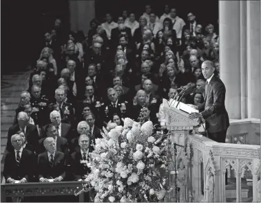  ?? PABLO MARTINEZ MONSIVAIS/AP PHOTO ?? Former President Barack Obama speaks at a memorial service for Sen. John McCain, R-Ariz., at Washington National Cathedral in Washington on Saturday. McCain died Aug. 25 from brain cancer at age 81.