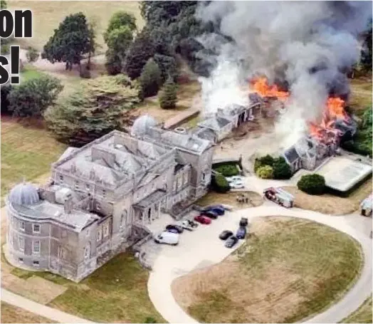  ?? ?? Ablaze: Buildings at historic Wrotham Park go up in flames and threaten the Grade II listed mansion in Hertfordsh­ire