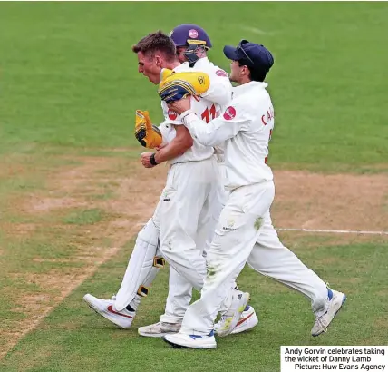  ?? ?? Andy Gorvin celebrates taking the wicket of Danny Lamb
Picture: Huw Evans Agency