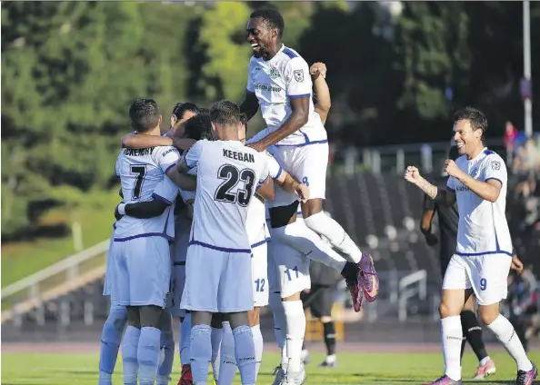  ?? ROBERT EDWARDS/ROBTOGRAPH­Y ?? When FC Edmonton celebrated a victory at San Francisco Delta on Saturday, it marked one of the shortest road trips the side makes in the North American Soccer League.