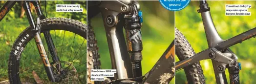  ??  ?? SID fork is seriously svelte but silky smooth
Pared-down SIDLUXE shock still irons out the creases
Transition’s Giddy Up suspension system features flexible stays