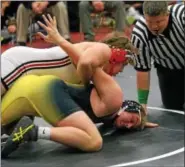  ?? BOB RAINES — DIGITAL FIRST MEDIA ?? Nick Chapman (Hatboro Horsham) works Ryan Hieber (Central Bucks West) in a 220-pound semifinal bout at the Ralph Wetzel Classic Saturday.