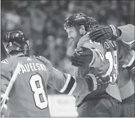  ?? JOSIE LEPE — STAFF PHOTOS ?? The Sharks’ Joe Pavelski, left, celebrates with teammate Joe Thornton (19) , who scored against the Canucks in the first period. Thornton scored twice in the win.