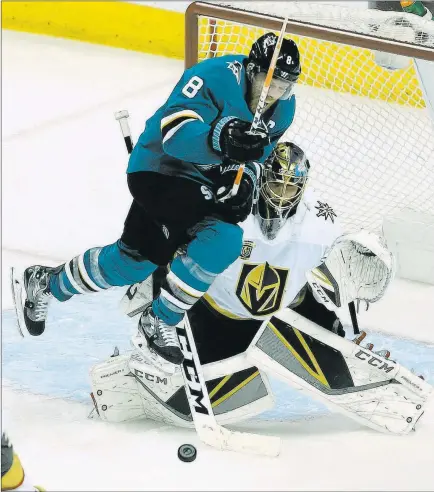  ?? Erik Verduzco ?? Las Vegas Review-journal @Erik_verduzco Golden Knights goaltender Marc-andre Fleury is pressured by Sharks center Joe Pavelski during the second period Wednesday at the SAP Center in San Jose, Calif. Pavelski and the Sharks earned a 4-0 victory to even...