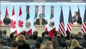  ?? AP/MARCO UGARTE ?? Canadian Foreign Affairs Minister Chrystia Freeland (from left), Mexico’s Secretary of Economy Ildefonso Guajardo Villarreal and U.S. trade representa­tive Robert Lighthizer speak Monday in Mexico City during a joint news conference regarding the...