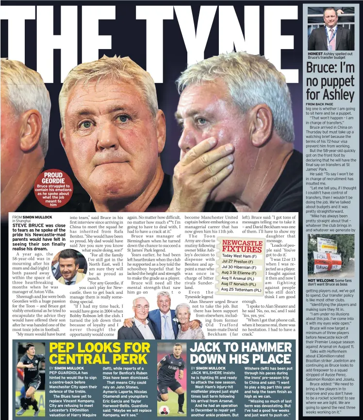  ??  ?? Bruce struggled to contain his emotions as he spoke about what the job meant to him (left), while reports of a move for Benfica’s Ruben Dias have been dismissed.
That means City could rely on John Stones, Aymeric Laporte, Nicolas Otamendi and youngsters Eric Garcia and Taylor Harwood-Bellis. Guardiola said: “Maybe we will replace Kompany, we’ll see.” Ashley spelled out Bruce’s transfer budget Some fans don’t want Bruce as boss