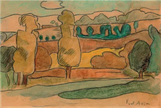  ??  ?? Paysage de Pont-Aven aux peupliers, vers 1888, 34 x 43 cm, musée de Pont-Aven. Cette aquarelle sur traits de crayon du peintre et graveur Émile Bernard (1868-1941), associé à l’école de Pont-Aven et ami de Vincent Van Gogh, Paul Gauguin ou Paul Cézanne, est l’une des oeuvres de « Variation printanièr­e : paysage médité », première des trois parties de l’exposition « École de Pont-Aven. Variations sur la ligne » qui présente la collection d’arts graphiques du musée tout au long de l’année 2021.