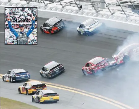  ??  ?? Juan Pablo Montoya (42), and Kevin Harvick (29) get tangled up going in to turn 1 after a multi-car crash started on the front stretch in the NASCAR Daytona 500 Sprint Cup Series auto race at Daytona Internatio­nal Speedway, Feb 24, in Daytona Beach,...