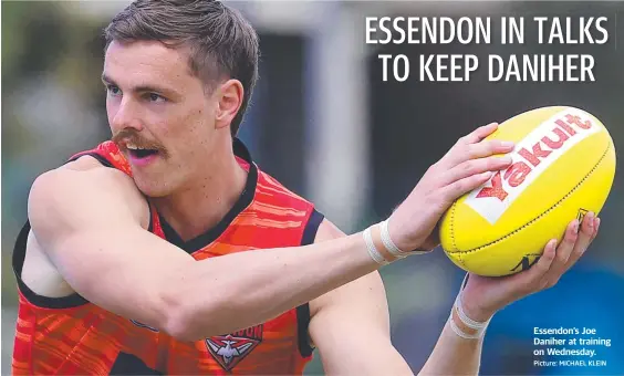  ?? Picture: MICHAEL KLEIN ?? Essendon’s Joe Daniher at training on Wednesday.