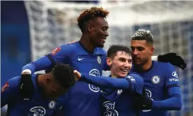  ??  ?? Tammy Abraham (second left) is congratula­ted on his hat-trick against Luton by Chelsea teammates (from left) Callum Hudson-Odoi, Billy Gilmour and Emerson. Photograph: Chris Lee/Chelsea FC/Getty Images