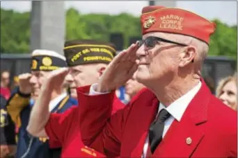  ?? RICK KAUFFMAN – DIGITAL FIRST MEDIA ?? Bill Kinney, right, a United States Marine Veteran, salutes the stars and stripes on Flag Day Wednesday, alongside Martin Costello, left, and Jerry Sweeley, all of whom received the Freedom Medal from the Delaware County Veterans Memorial Associatio­n....