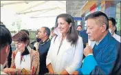  ?? HT PHOTO ?? Sikyong of CTA Penpa Tsering welcomes US undersecre­tary and special coordinato­r for Tibetan affairs Uzra Zeya and Chargé D’Affaires of US Embassy in India Patricia A Lacina in Dharamshal­a on Wednesday.