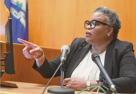  ?? Ned Gerard/Hearst Connecticu­t Media ?? Christine Bartlett-Josie, campaign manager for Democratic mayoral candidate John Gomes, speaks during a hearing in state Superior Court in Bridgeport on Tuesday.