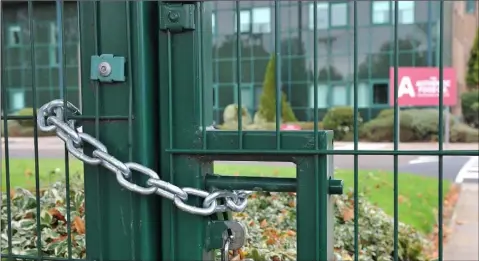  ??  ?? Padlocked gates at the Authentic Food Company in Dundalk last week.