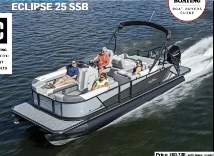  ??  ?? Price: $60,738 (with base power)
SPECS: LOA: 27'8" BEAM: 8'6" DRAFT: 2'0" DRY WEIGHT: 3,445 lb. SEAT/WEIGHT CAPACITY: 15/2,115 lb. FUEL CAPACITY: 60 gal.
HOW WE TESTED: ENGINE: Mercury 250 FourStroke DRIVE/PROP: Outboard/Mercury Enertia Eco 16" x 17" 3-blade stainless steel GEAR RATIO: 1.75:1 FUEL LOAD: 45 gal. CREW WEIGHT: 190 lb.