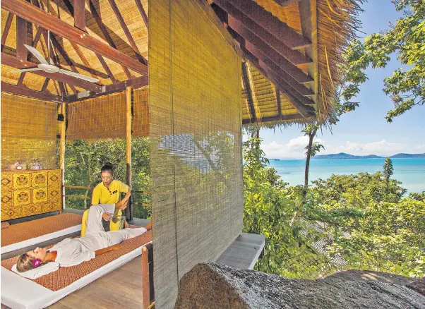  ?? ?? i Full stretch: relaxing spa treatments are included in the programme h Fan base: a garden-view villa at Kamalaya