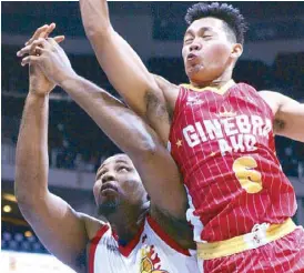  ??  ?? Scottie Thompson of Barangay Ginebra controls the leather in an aerial battle with Reginald Johnson of Rain or Shine in the PBA Commission­er’s Cup semifinal game last night at the Mall of Asia Arena. JOEY MENDOZA
