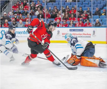  ?? MARK BLINCH/THE CANADIAN PRESS ?? Team Canada forward Boris Katchouk scores past Finland goaltender Ukko-Pekka Luukkonen in the first period of their world junior championsh­ip game on Tuesday in Buffalo. The game was one of four played Boxing Day, the first day of the tournament.