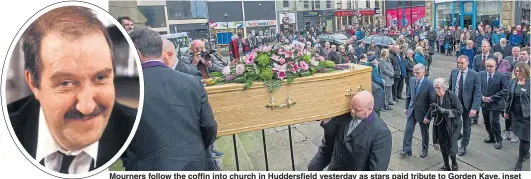  ??  ?? Mourners follow the coffin into church in Huddersfie­ld yesterday as stars paid tribute to Gorden Kaye, inset
