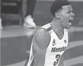  ?? JOE RONDONE/THE COMMERCIAL APPEAL ?? Memphis guard Landers Nolley II yells out in celebratio­n after making a layup while being fouled against Arkansas State during their game at the Fedexforum on Wednesday.